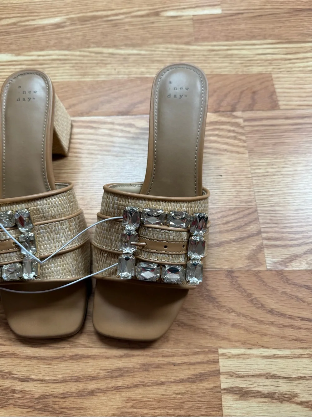 NWT A New Day Tan Raffia Rhinestone Buckle Block Heel Mules Size 10
